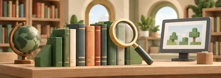 A reading room with books, a magnifying glass and a computer.