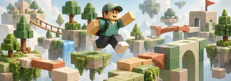 A block-style explorer jumping between platforms in a green miniature world.