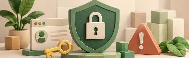 A shield, padlock, key and warning sign in a calm green still life.