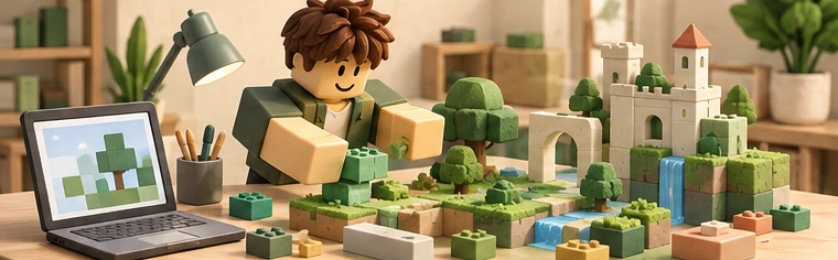 A block-style creator building a miniature landscape beside a laptop.
