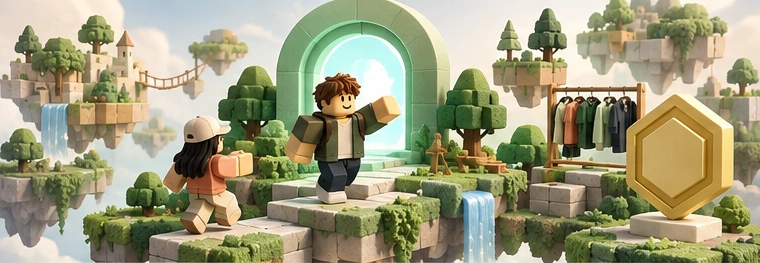 Two block-style explorers beside a glowing portal, trees and waterfalls on floating islands.